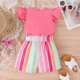 2pcs Toddler Girl Sweet Flutter - sleeve Tee and Stripe Belted Shorts Set - MomYom PK