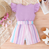 2pcs Toddler Girl Sweet Flutter - sleeve Tee and Stripe Belted Shorts Set - MomYom PK