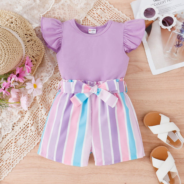 2pcs Toddler Girl Sweet Flutter - sleeve Tee and Stripe Belted Shorts Set - MomYom PK