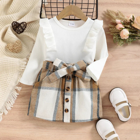 2pcs Toddler Girl Turtleneck Ribbed Long - sleeve Tee and Button Design Plaid Suspender Skirt Set - MomYom PK