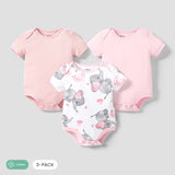 3 - Pack Baby Girl/Boy Elephant Print/Solid Color Short - sleeve Rompers - MomYom PK