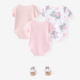 3 - Pack Baby Girl/Boy Elephant Print/Solid Color Short - sleeve Rompers - MomYom PK