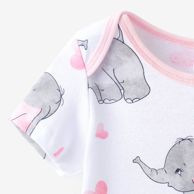 3 - Pack Baby Girl/Boy Elephant Print/Solid Color Short - sleeve Rompers - MomYom PK