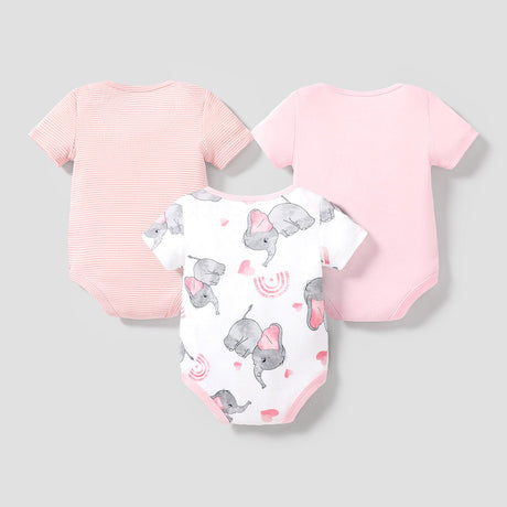 3 - Pack Baby Girl/Boy Elephant Print/Solid Color Short - sleeve Rompers - MomYom PK