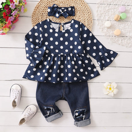 3pcs Baby All Over Polka Dots Navy Ruffle Bell Sleeve Top and Cotton Ripped Denim Jeans Set - MomYom PK