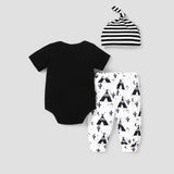 3pcs Baby Boy Letter Graphic Short - sleeve Romper and Allover Cactus Print Pants & Striped Hat Set - MomYom PK