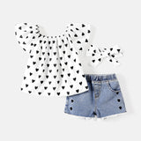 3pcs Toddler Girl Heart Print Off Shoulder Blouse and Denim Shorts & Headband Set - MomYom PK