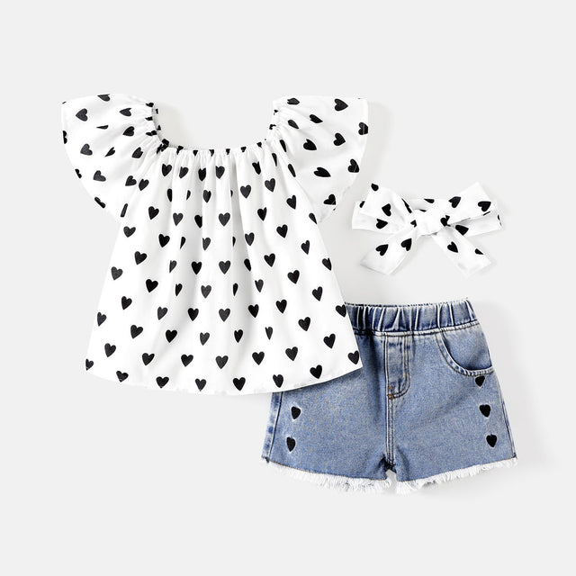 3pcs Toddler Girl Heart Print Off Shoulder Blouse and Denim Shorts & Headband Set - MomYom PK