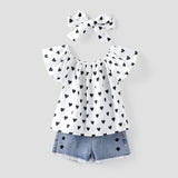 3pcs Toddler Girl Heart Print Off Shoulder Blouse and Denim Shorts & Headband Set - MomYom PK