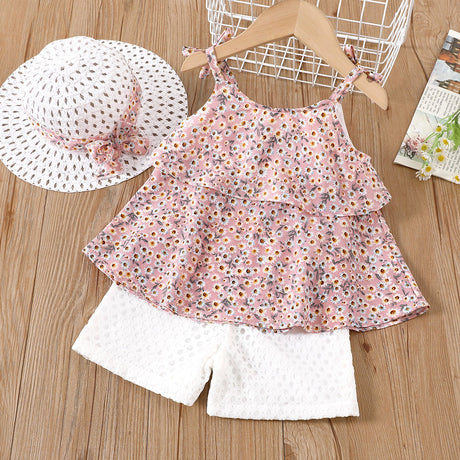 3pcs Toddler Girl Straw Hat & Floral Print Ruffled Chiffon Camisole and White Shorts Set - MomYom PK