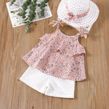 3pcs Toddler Girl Straw Hat & Floral Print Ruffled Chiffon Camisole and White Shorts Set - MomYom PK