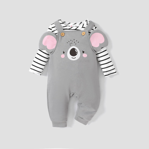 2pcs Baby Boys/Girls Childlike Long Sleeve Top and Hanging Strap and Elephant Pattern Overalls Set