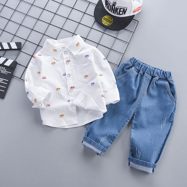 2 - piece Toddler Boy Car Print Lapel Collar Button Down Long - sleeve Shirt and Jeans Denim Pants Set - MomYom PK