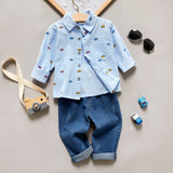 2 - piece Toddler Boy Car Print Lapel Collar Button Down Long - sleeve Shirt and Jeans Denim Pants Set - MomYom PK