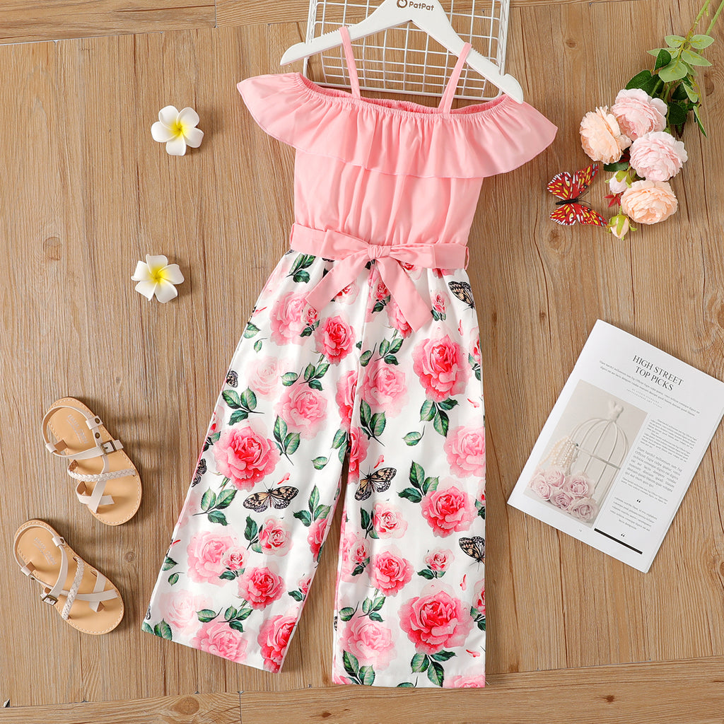 100% Cotton Crepe Baby Girl Button Front Allover Daisy Floral Print Belted Cami Jumpsuit