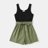 100% Cotton Ribbed and Solid Splicing Sleeveless Belted Romper for Mom and Me - MomYom PK