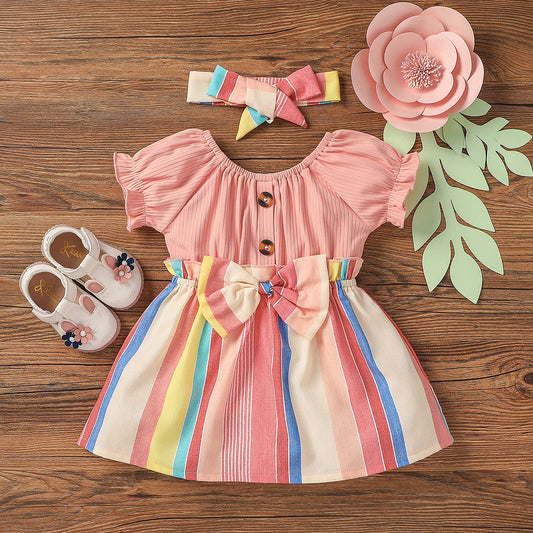 100% Cotton Crepe Baby Girl Flutter-sleeve Bow Front Spliced Layered Ruffle Trim Dress
