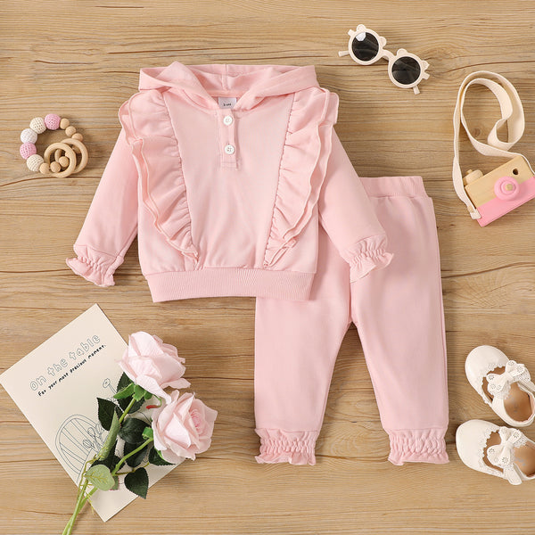 2pcs Baby Girl Pink Ruffle Trim Long-sleeve Hoodie and Pants Set