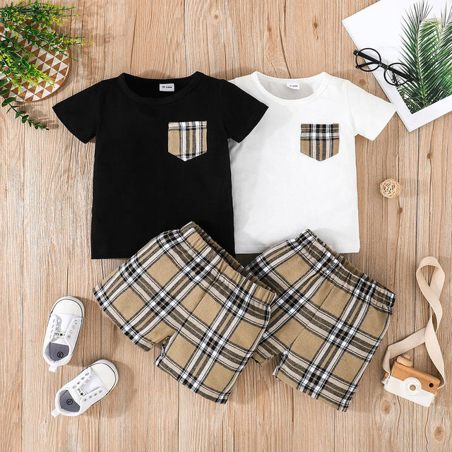 2pcs Baby Boy 95% Cotton Short - sleeve Tee and Plaid Shorts Set - MomYom PK