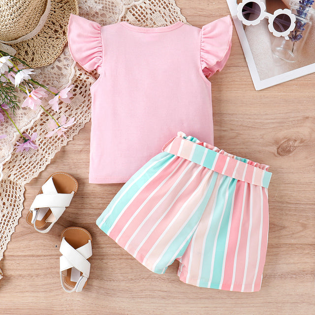 2pcs Toddler Girl Sweet Flutter - sleeve Tee and Stripe Belted Shorts Set - MomYom PK