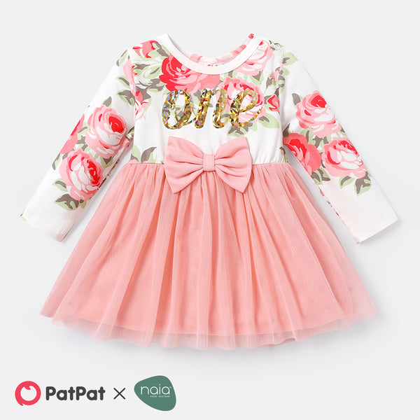 Baby Girl Letter Graphic Floral Print Long-sleeve Bow Front Naia™ Spliced Mesh Dress