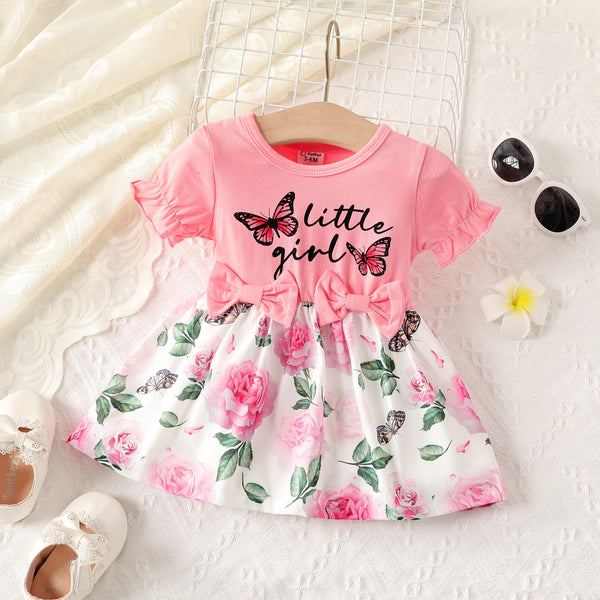 Baby Girl Butterfly & Floral Print Bow Decor Short-sleeve Combo Dress