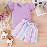 2pcs Toddler Girl Sweet Flutter - sleeve Tee and Stripe Belted Shorts Set - MomYom PK