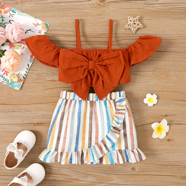 2pcs Toddler Girl 100% Cotton Front Bow Decor Flutter-sleeve Top and Striped Ruffled Skirt Set