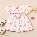 Baby Girl 100% Cotton Allover Coral Print Puff-sleeve Dress