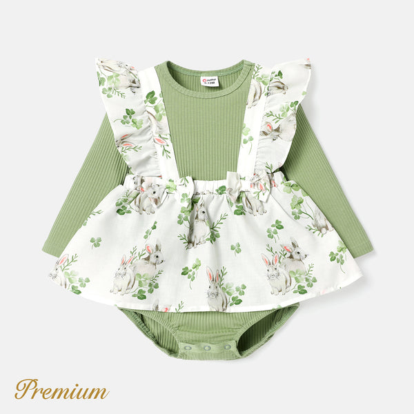 Baby Girl Solid Cotton Ribbed Spliced Rabbit Print Ruffle Trim Long-sleeve Dress