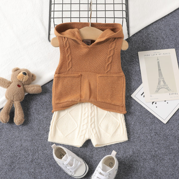 2pcs Baby Boy Solid Cable Knit Hooded Tank Top and Shorts Set