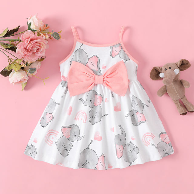 Baby Girl 100% Cotton Bow Decor Elephant Print Slip Dress