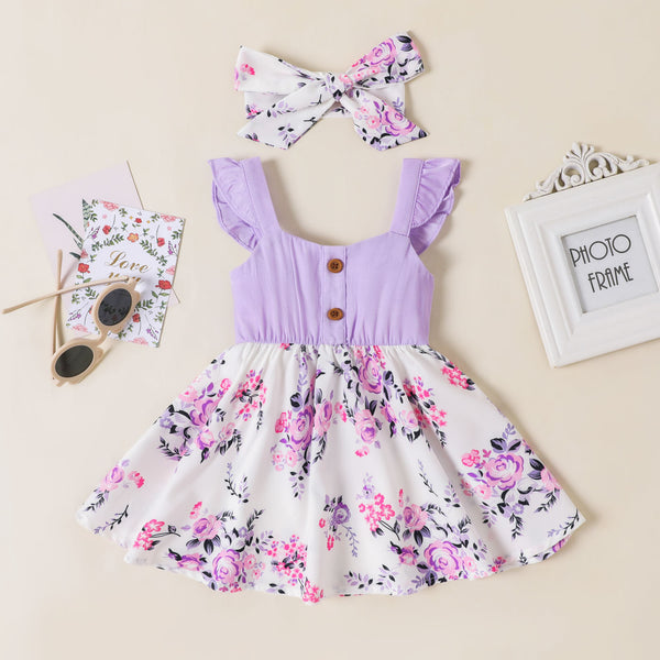 2pcs Baby Girl Floral Print Front Buttons Ruffle Dress and Headband Set