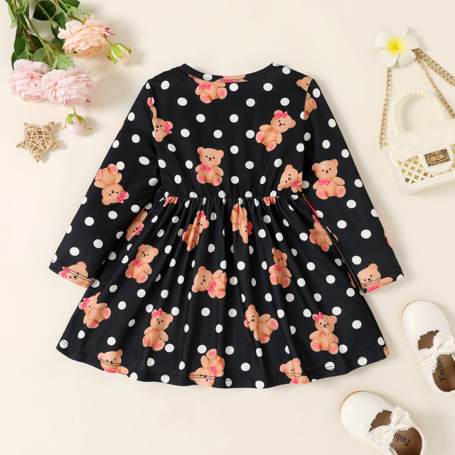 Toddler Girl Bear & Polka Dots Print Long-sleeve Dress