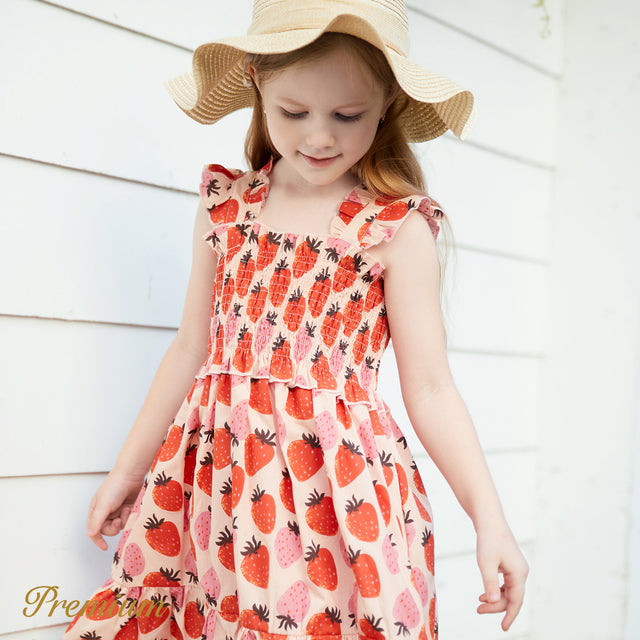 Toddler Girl 100% Cotton Strawberry Print Flutter-sleeve Smocked Dress