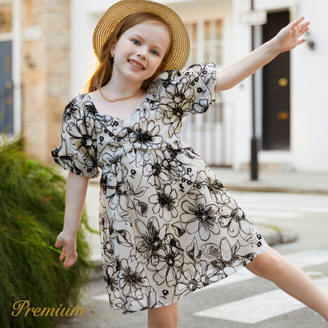 Kid Girl Sketch Floral Graphic Short-sleeve Smocked Dress