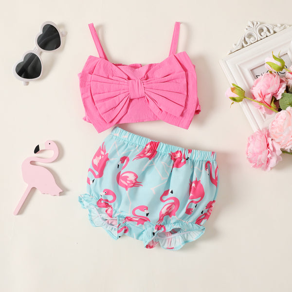 2pcs Baby Girl 100% Cotton Bow Front Cami Top and Flamingo Print Shorts Set