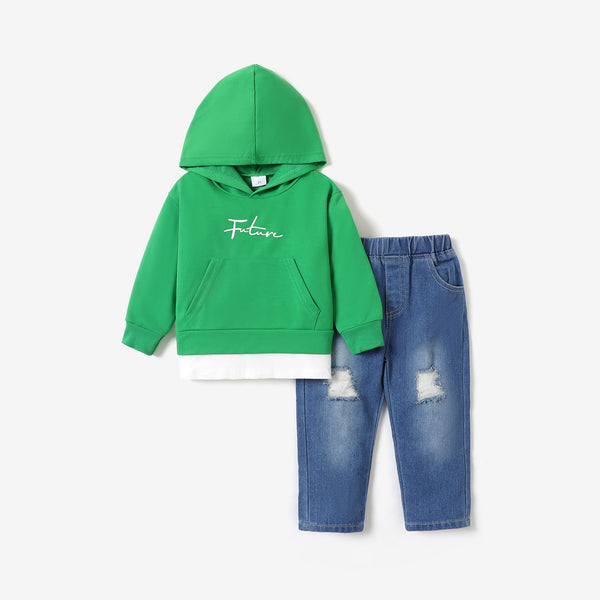 2pcs Toddler Boy Trendy Ripped Denim Jeans and Faux-two Hoodie Sweatshirt Set