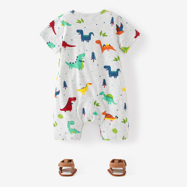 100% Cotton Dinosaur Print Short - sleeve Grey Baby Romper - MomYom PK