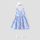 2pcs Toddler Girl Floral Print Bowknot Design Strap Dress and Straw Hat Set - MomYom PK