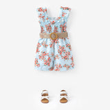 2pcs Toddler Girl Sweet Floral Print Smocked Sleeveless Rompers and Belt - MomYom PK