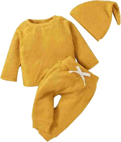 Baby Boy/Girl 3pcs Solid Ribbed Long-sleeve Pullover and Trouser Set