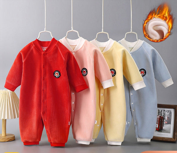 New-born autumn and winter wick face button long sleeve and cashmere warm one-piece thick pajamas