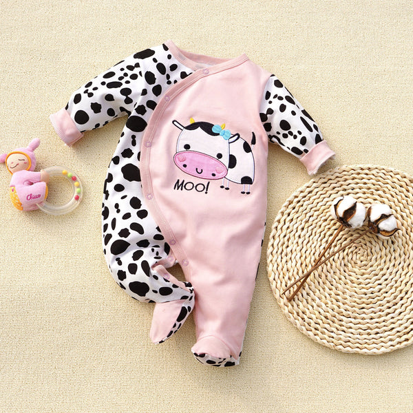 Newborn Jumpsuit Long-Sleeved Slanted Open Button Love Cows Baby Rompers