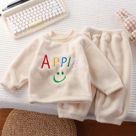 New Baby Boys Thick Plush Nightgown Set Casual Long Sleeve O-Neck Tops & Pants Solid Color Pajamas Winter Home Clothes