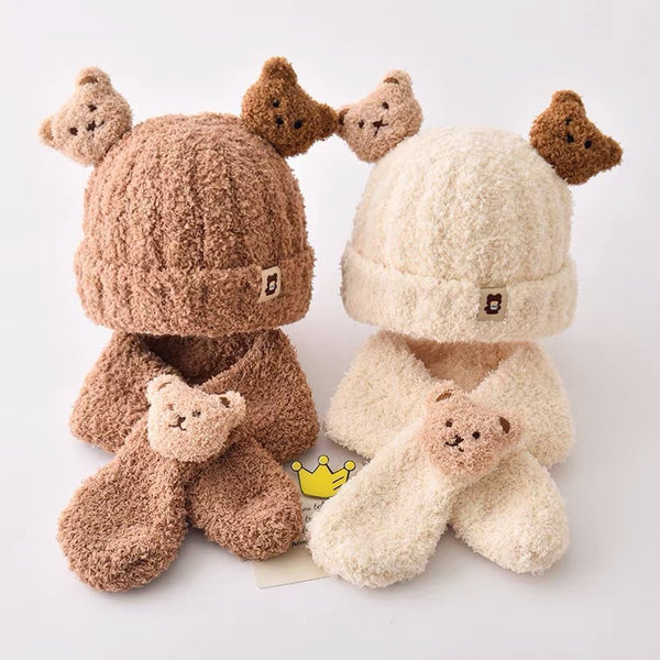 Warm Hat Scarf Set Knitted 3d Bear Doll Microfiber Wool Hat