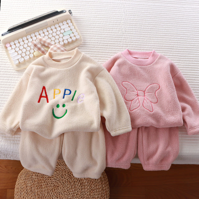 New Baby Boys Thick Plush Nightgown Set Casual Long Sleeve O-Neck Tops & Pants Solid Color Pajamas Winter Home Clothes