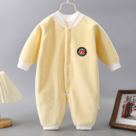 New-born autumn and winter wick face button long sleeve and cashmere warm one-piece thick pajamas