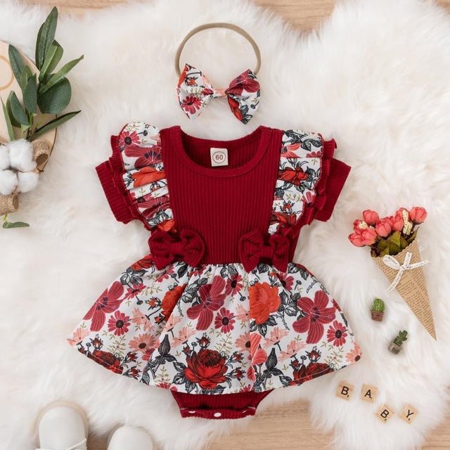 Short Sleeve Romper Dress Infant Flower Jumpsuit With Hairband