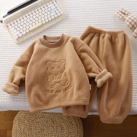 New Baby Boys Thick Plush Nightgown Set Casual Long Sleeve O-Neck Tops & Pants Solid Color Pajamas Winter Home Clothes